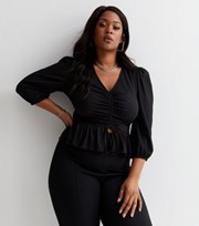 New Look Curves Black Ribbed Ruched Puff Sleeve Peplum Top